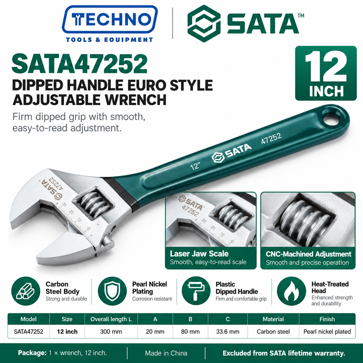 Shop SATA 47248-47255 dipped handle Euro style adjustable wrenches, 4 to 24 inch. Pearl nickel finish, laser scale and CNC machined.