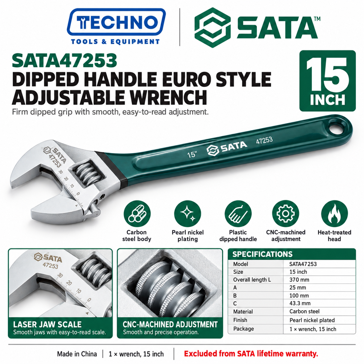 Shop SATA 47248-47255 dipped handle Euro style adjustable wrenches, 4 to 24 inch. Pearl nickel finish, laser scale and CNC machined.