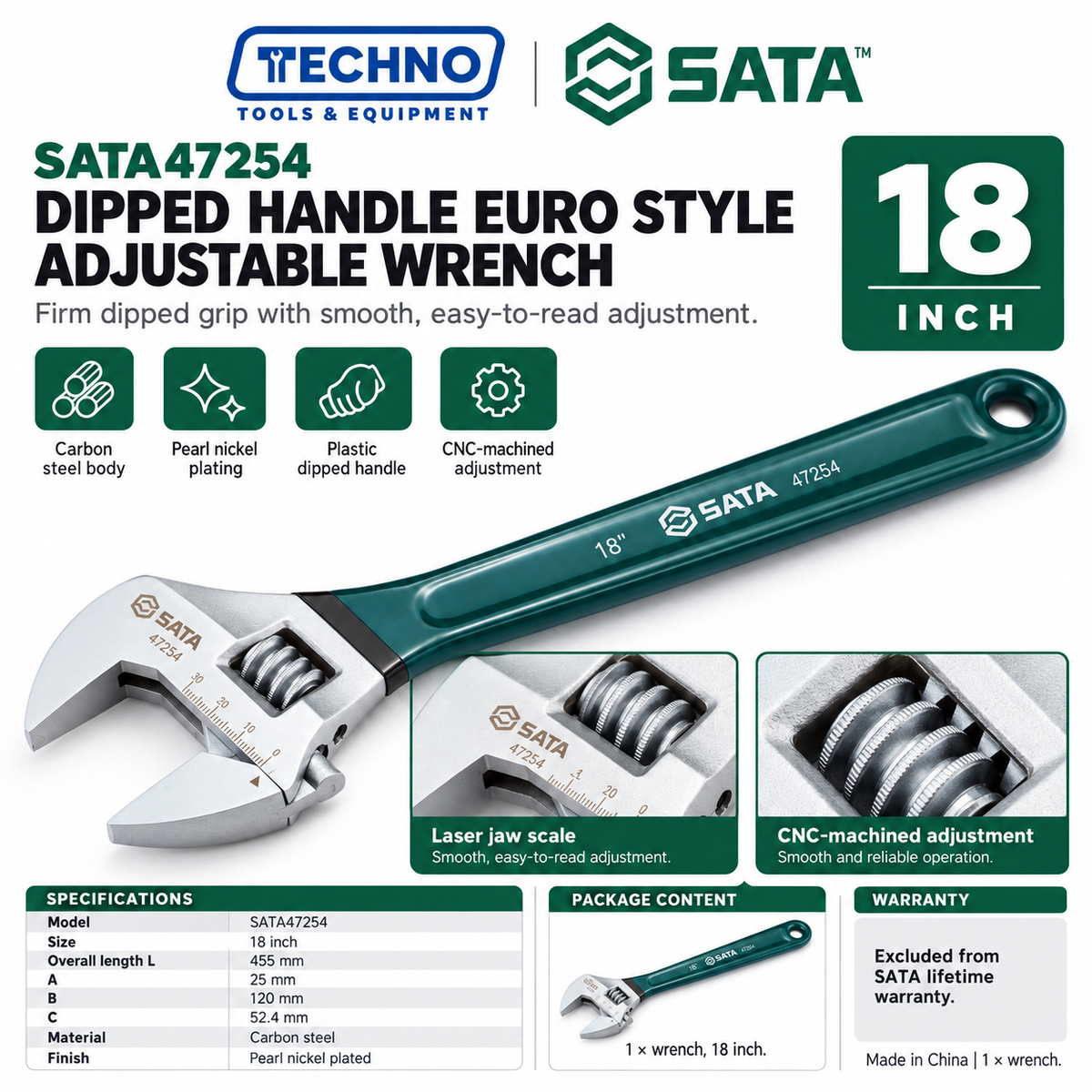 Shop SATA 47248-47255 dipped handle Euro style adjustable wrenches, 4 to 24 inch. Pearl nickel finish, laser scale and CNC machined.