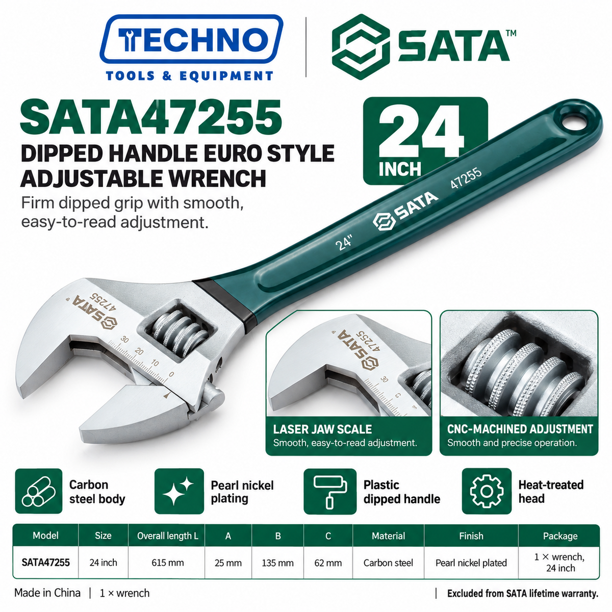 Shop SATA 47248-47255 dipped handle Euro style adjustable wrenches, 4 to 24 inch. Pearl nickel finish, laser scale and CNC machined.