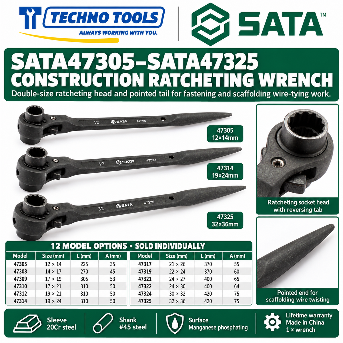 Shop SATA 47305-47325 construction ratcheting wrenches, 12x14 to 32x36mm. 20Cr sleeve, phosphated finish, pointed end for scaffolding. Lifetime warranty.