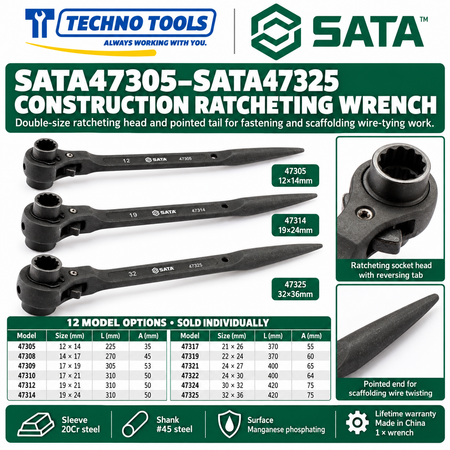 Shop SATA 47305-47325 construction ratcheting wrenches, 12x14 to 32x36mm. 20Cr sleeve, phosphated finish, pointed end for scaffolding. Lifetime warranty.