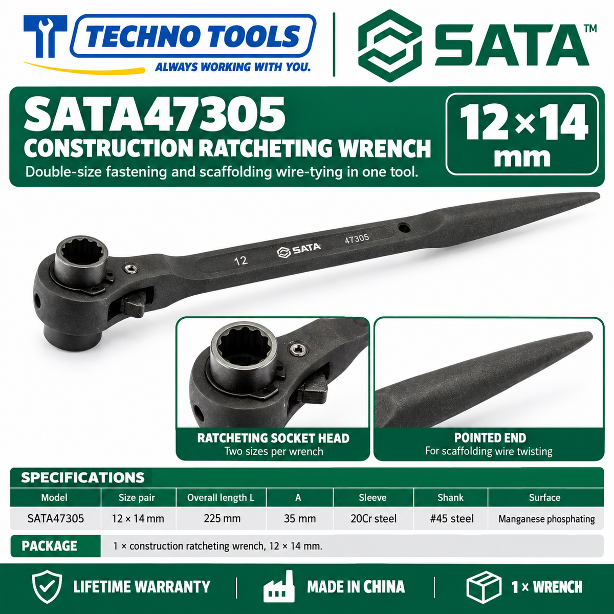 Shop SATA 47305-47325 construction ratcheting wrenches, 12x14 to 32x36mm. 20Cr sleeve, phosphated finish, pointed end for scaffolding. Lifetime warranty.