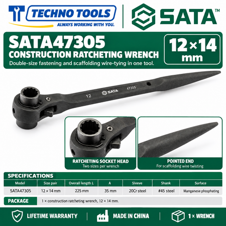 Shop SATA 47305-47325 construction ratcheting wrenches, 12x14 to 32x36mm. 20Cr sleeve, phosphated finish, pointed end for scaffolding. Lifetime warranty.