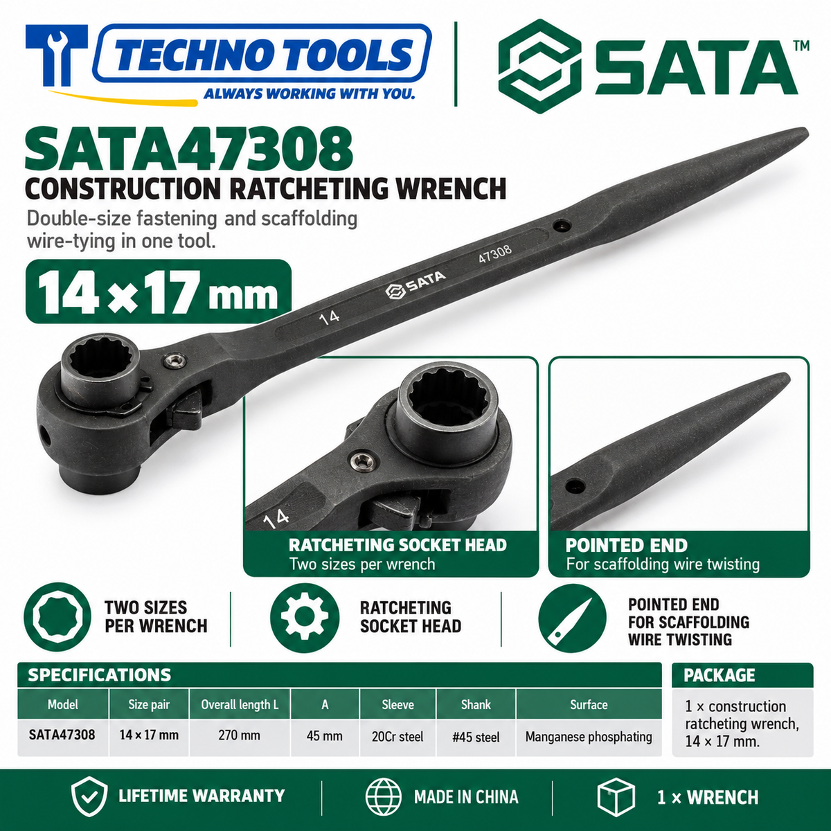 Shop SATA 47305-47325 construction ratcheting wrenches, 12x14 to 32x36mm. 20Cr sleeve, phosphated finish, pointed end for scaffolding. Lifetime warranty.