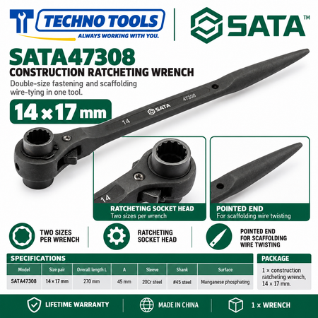 Shop SATA 47305-47325 construction ratcheting wrenches, 12x14 to 32x36mm. 20Cr sleeve, phosphated finish, pointed end for scaffolding. Lifetime warranty.