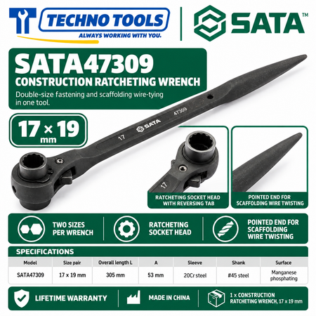 Shop SATA 47305-47325 construction ratcheting wrenches, 12x14 to 32x36mm. 20Cr sleeve, phosphated finish, pointed end for scaffolding. Lifetime warranty.
