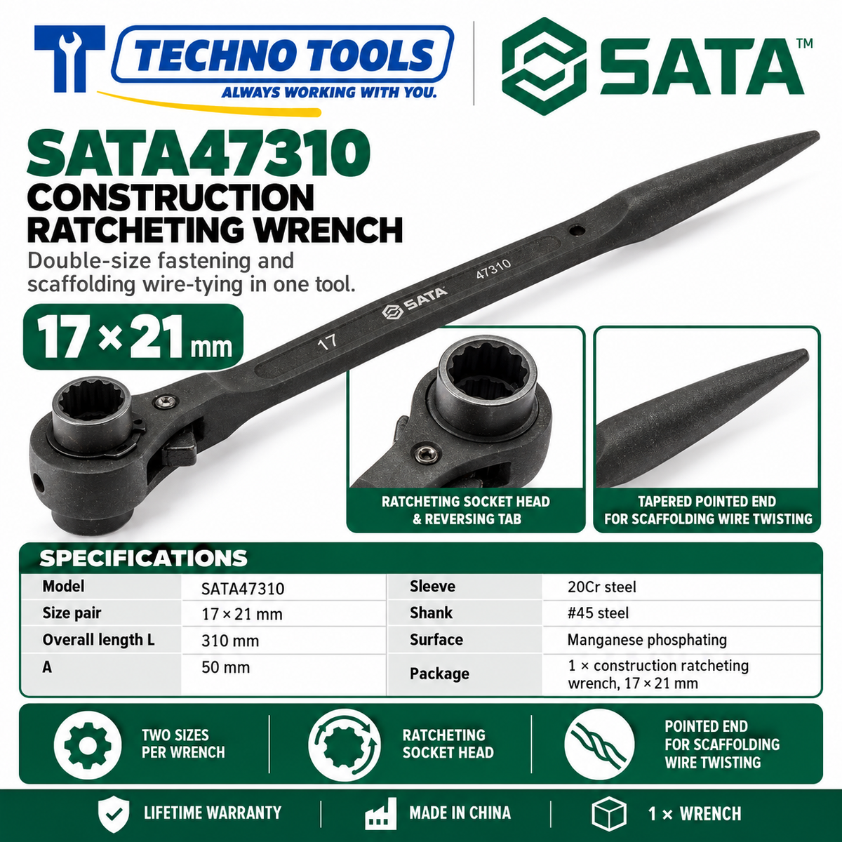 Shop SATA 47305-47325 construction ratcheting wrenches, 12x14 to 32x36mm. 20Cr sleeve, phosphated finish, pointed end for scaffolding. Lifetime warranty.