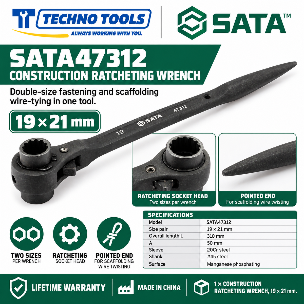 Shop SATA 47305-47325 construction ratcheting wrenches, 12x14 to 32x36mm. 20Cr sleeve, phosphated finish, pointed end for scaffolding. Lifetime warranty.