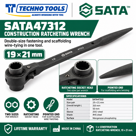 Shop SATA 47305-47325 construction ratcheting wrenches, 12x14 to 32x36mm. 20Cr sleeve, phosphated finish, pointed end for scaffolding. Lifetime warranty.