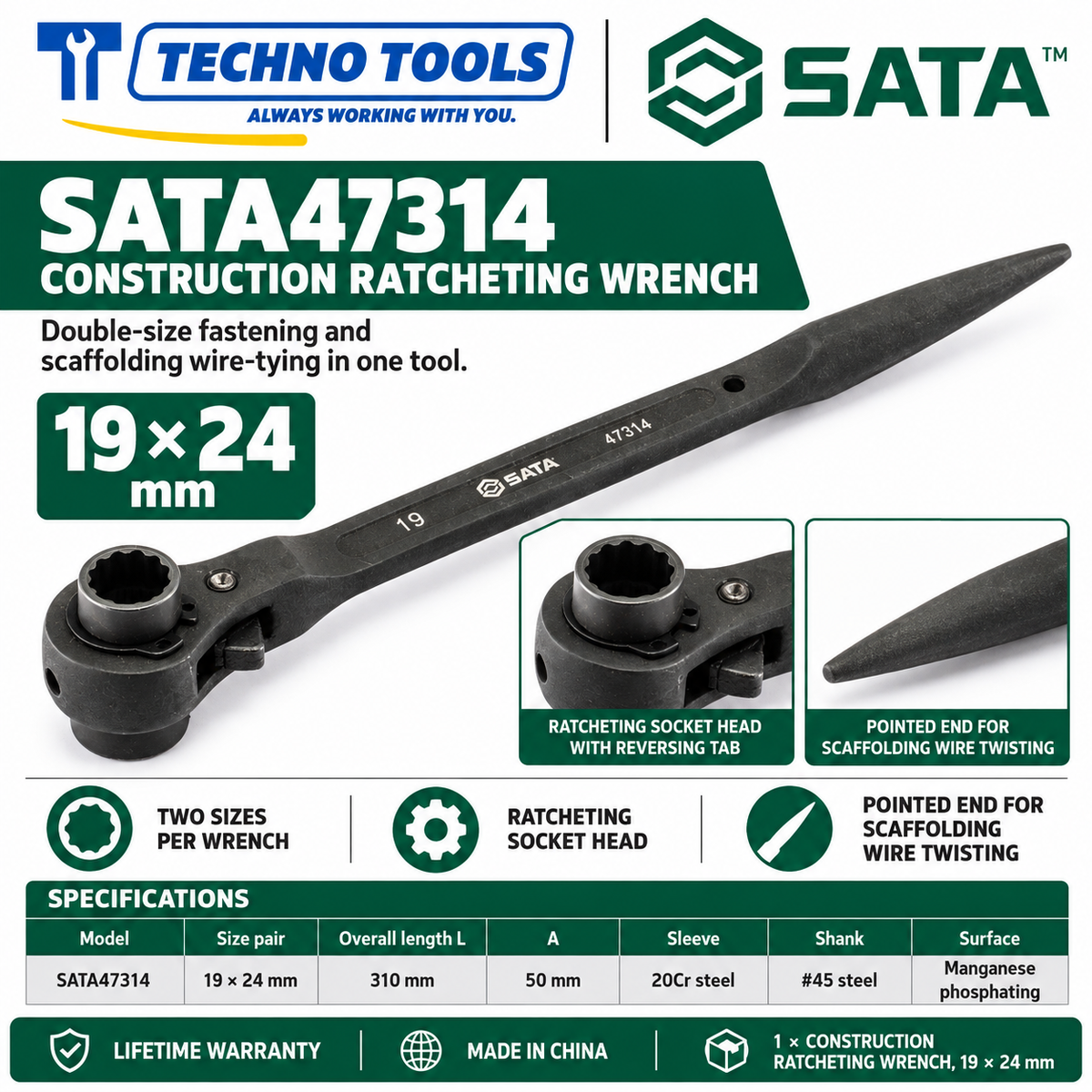 Shop SATA 47305-47325 construction ratcheting wrenches, 12x14 to 32x36mm. 20Cr sleeve, phosphated finish, pointed end for scaffolding. Lifetime warranty.