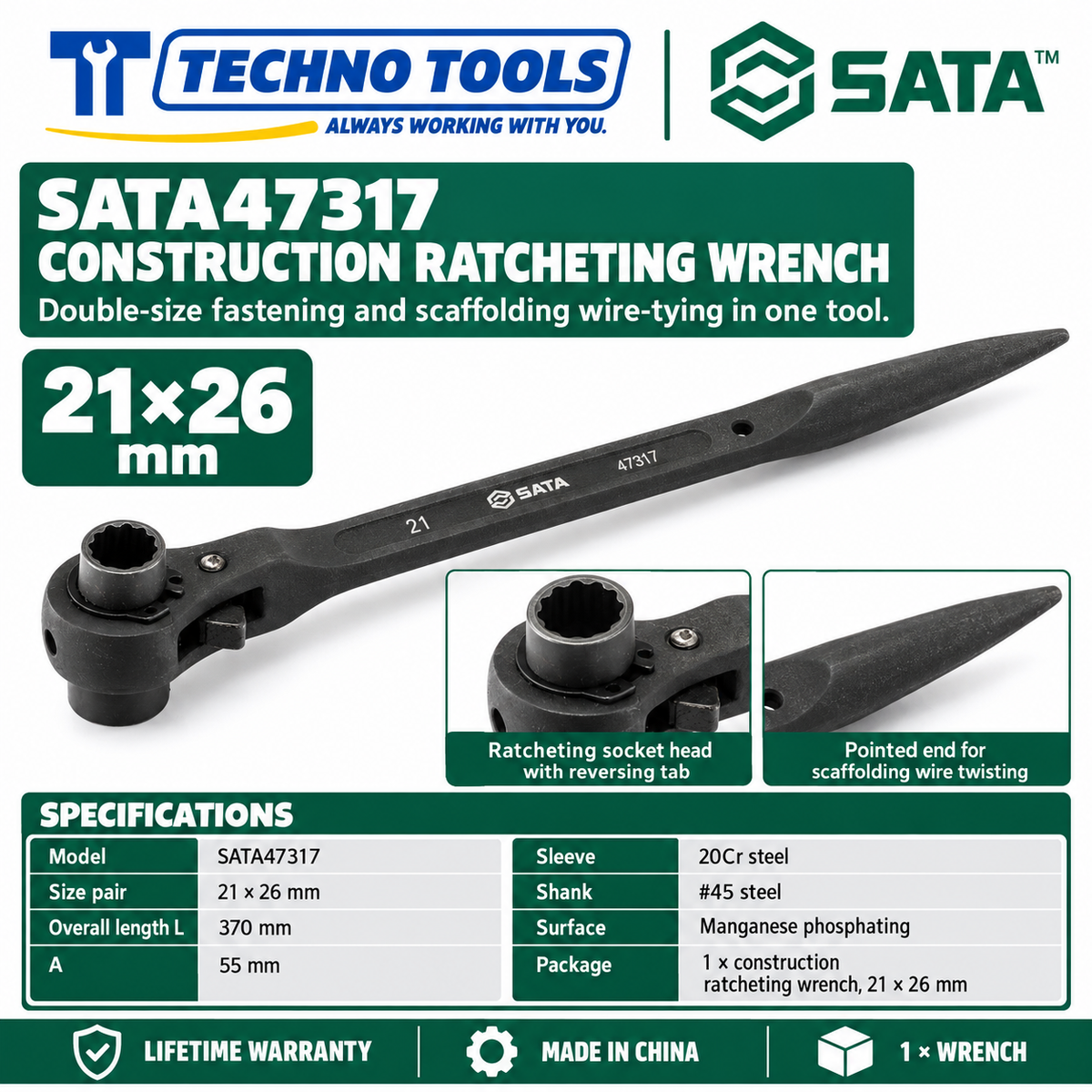 Shop SATA 47305-47325 construction ratcheting wrenches, 12x14 to 32x36mm. 20Cr sleeve, phosphated finish, pointed end for scaffolding. Lifetime warranty.