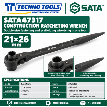 Shop SATA 47305-47325 construction ratcheting wrenches, 12x14 to 32x36mm. 20Cr sleeve, phosphated finish, pointed end for scaffolding. Lifetime warranty.