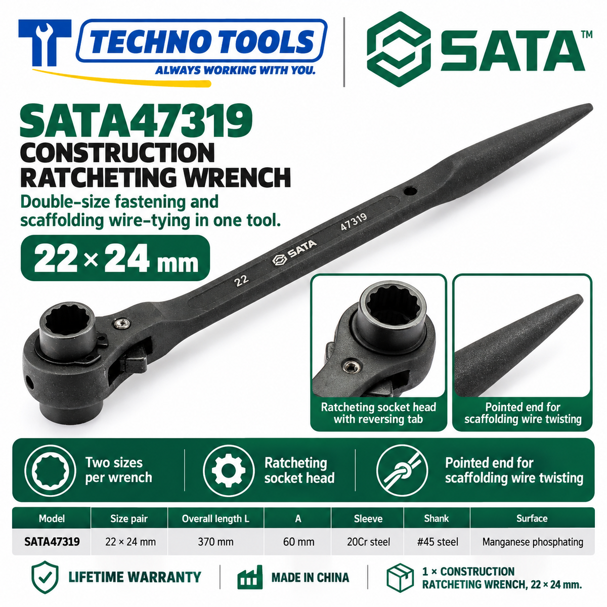 Shop SATA 47305-47325 construction ratcheting wrenches, 12x14 to 32x36mm. 20Cr sleeve, phosphated finish, pointed end for scaffolding. Lifetime warranty.
