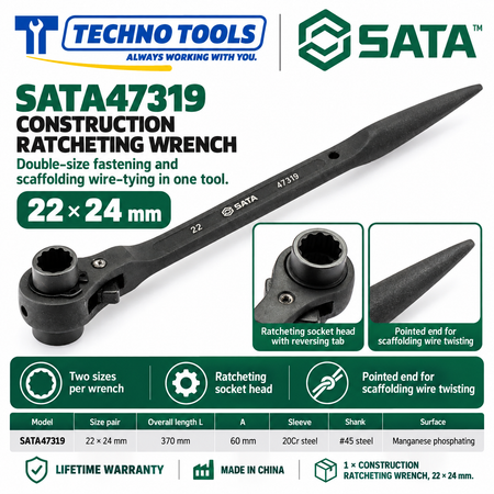 Shop SATA 47305-47325 construction ratcheting wrenches, 12x14 to 32x36mm. 20Cr sleeve, phosphated finish, pointed end for scaffolding. Lifetime warranty.