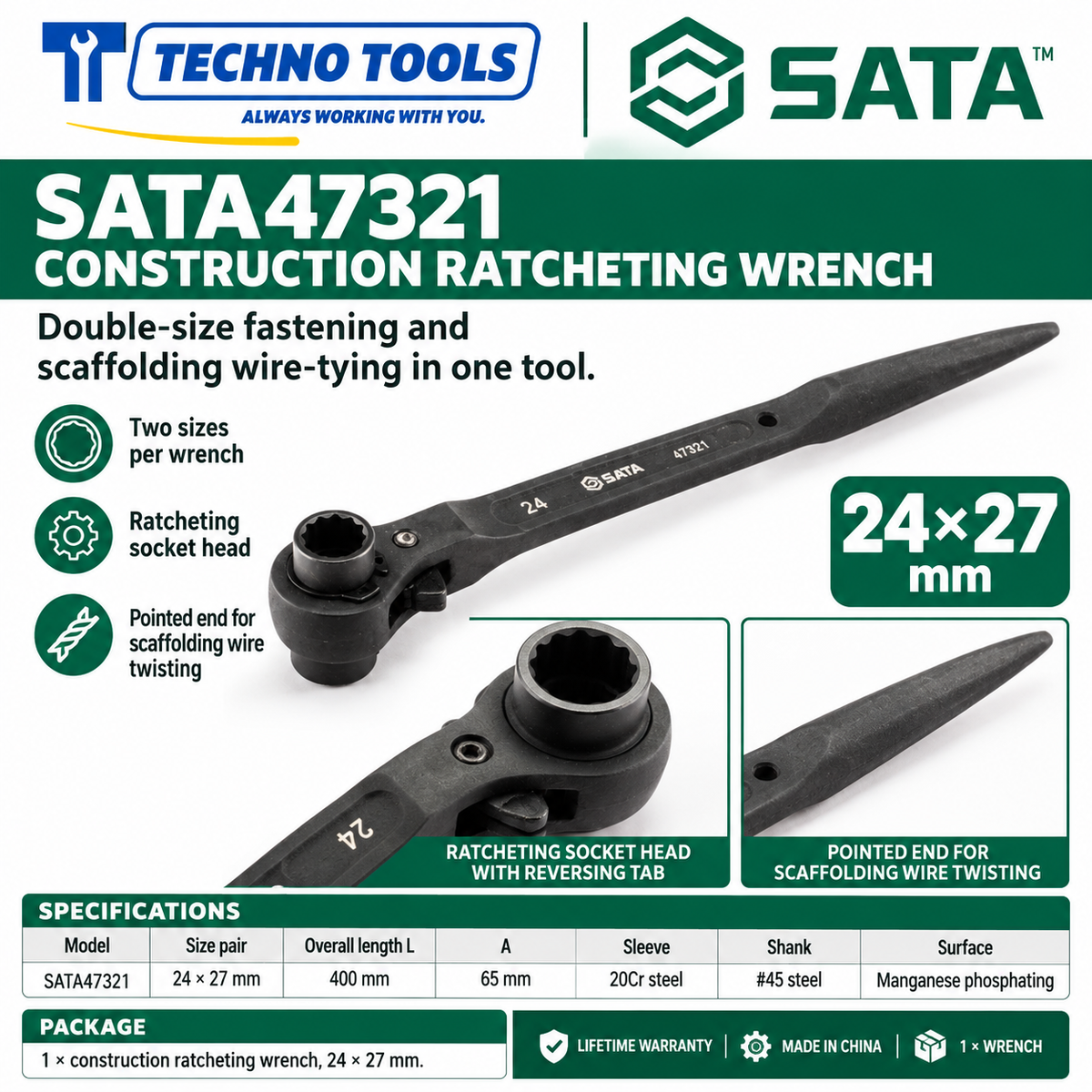 Shop SATA 47305-47325 construction ratcheting wrenches, 12x14 to 32x36mm. 20Cr sleeve, phosphated finish, pointed end for scaffolding. Lifetime warranty.