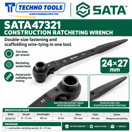 Shop SATA 47305-47325 construction ratcheting wrenches, 12x14 to 32x36mm. 20Cr sleeve, phosphated finish, pointed end for scaffolding. Lifetime warranty.