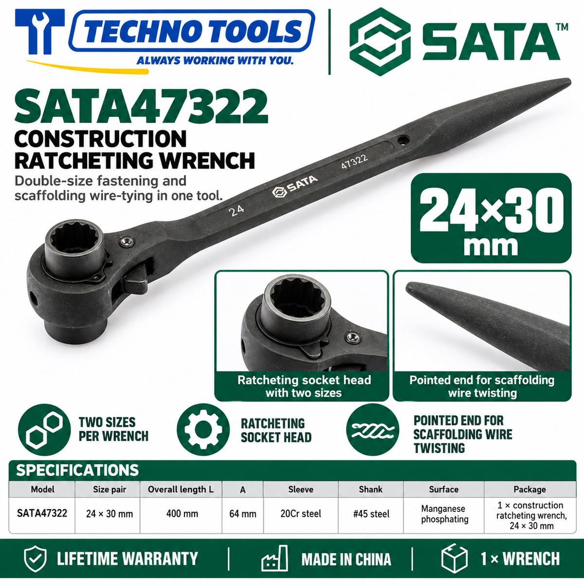 Shop SATA 47305-47325 construction ratcheting wrenches, 12x14 to 32x36mm. 20Cr sleeve, phosphated finish, pointed end for scaffolding. Lifetime warranty.