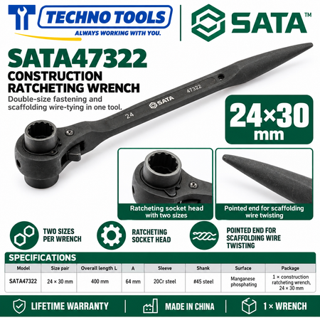 Shop SATA 47305-47325 construction ratcheting wrenches, 12x14 to 32x36mm. 20Cr sleeve, phosphated finish, pointed end for scaffolding. Lifetime warranty.