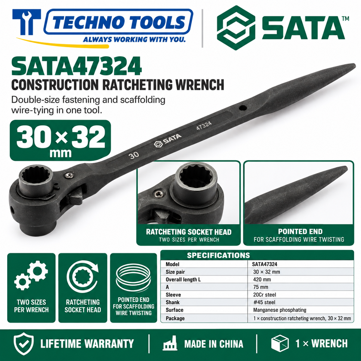 Shop SATA 47305-47325 construction ratcheting wrenches, 12x14 to 32x36mm. 20Cr sleeve, phosphated finish, pointed end for scaffolding. Lifetime warranty.