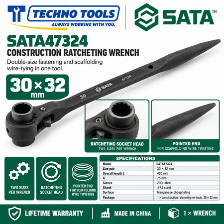 Shop SATA 47305-47325 construction ratcheting wrenches, 12x14 to 32x36mm. 20Cr sleeve, phosphated finish, pointed end for scaffolding. Lifetime warranty.