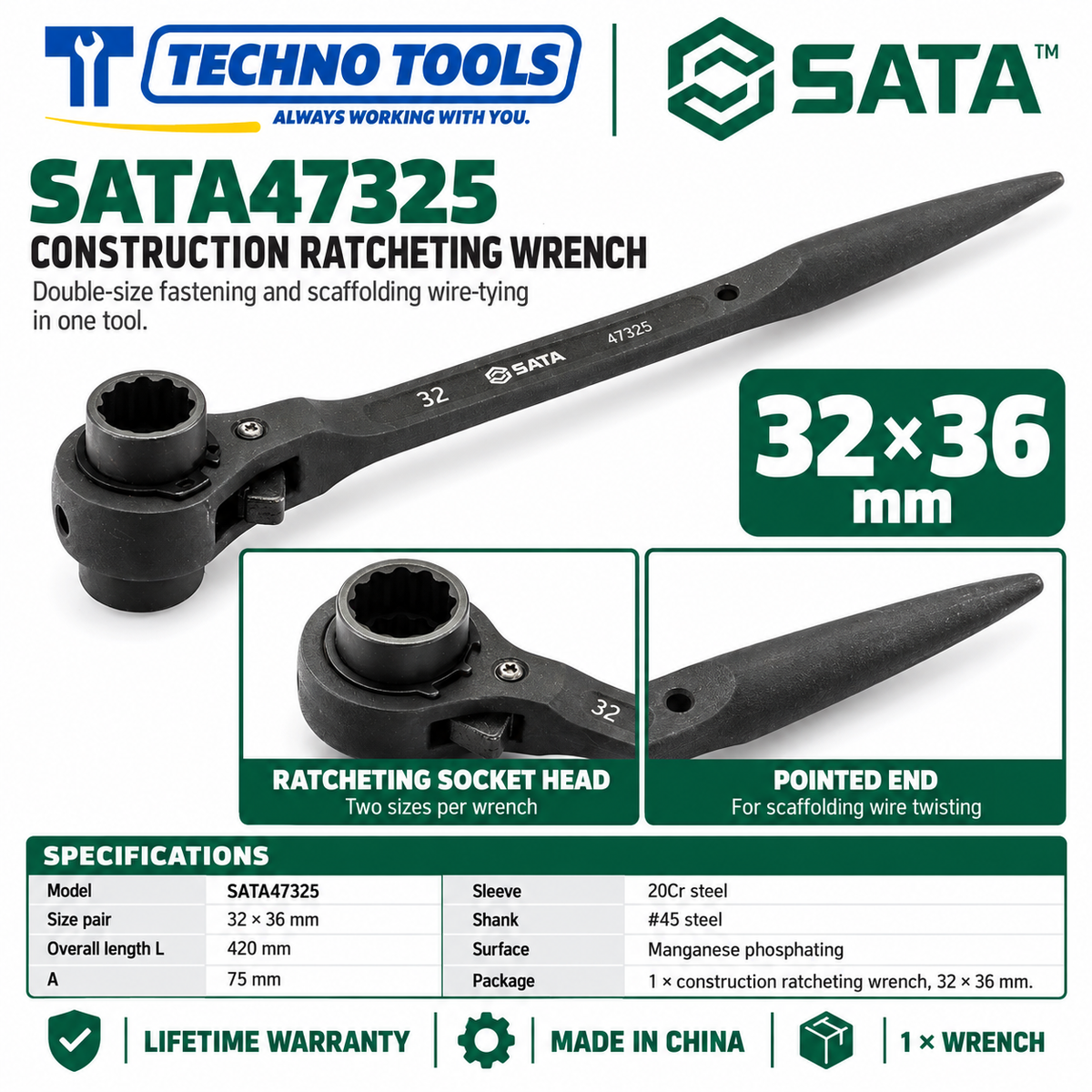 Shop SATA 47305-47325 construction ratcheting wrenches, 12x14 to 32x36mm. 20Cr sleeve, phosphated finish, pointed end for scaffolding. Lifetime warranty.
