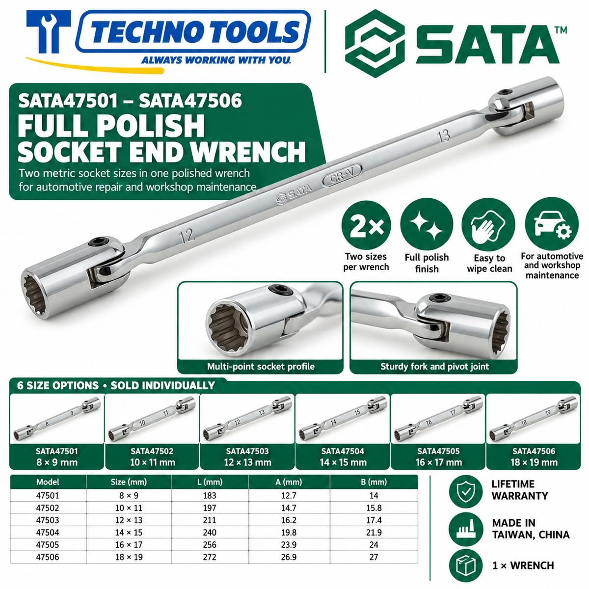 Shop SATA 47501-47506 full polish socket end wrenches, 8x9 to 18x19mm. Double-ended metric sizes with lifetime warranty. Made in Taiwan, China.
