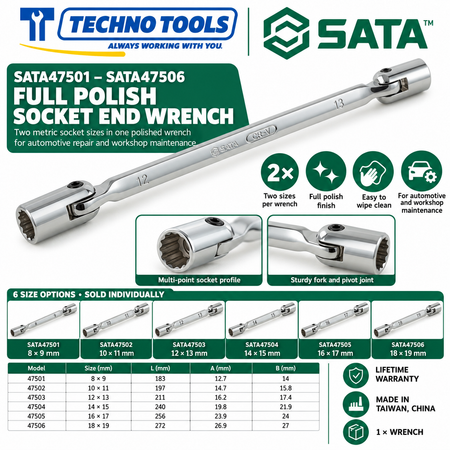 Shop SATA 47501-47506 full polish socket end wrenches, 8x9 to 18x19mm. Double-ended metric sizes with lifetime warranty. Made in Taiwan, China.
