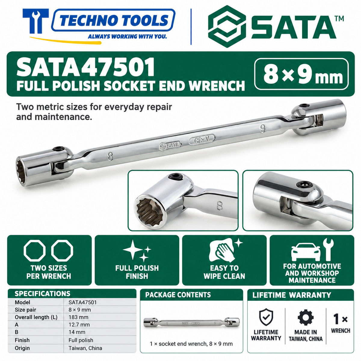Shop SATA 47501-47506 full polish socket end wrenches, 8x9 to 18x19mm. Double-ended metric sizes with lifetime warranty. Made in Taiwan, China.