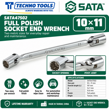Shop SATA 47501-47506 full polish socket end wrenches, 8x9 to 18x19mm. Double-ended metric sizes with lifetime warranty. Made in Taiwan, China.