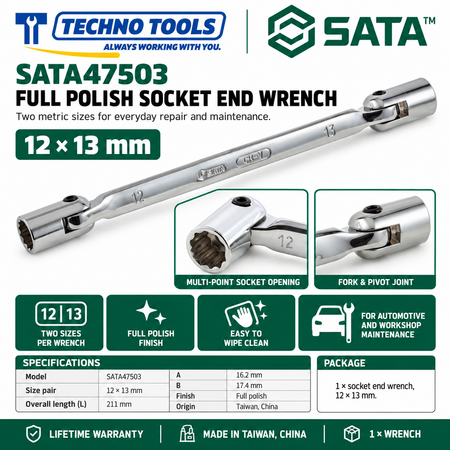 Shop SATA 47501-47506 full polish socket end wrenches, 8x9 to 18x19mm. Double-ended metric sizes with lifetime warranty. Made in Taiwan, China.