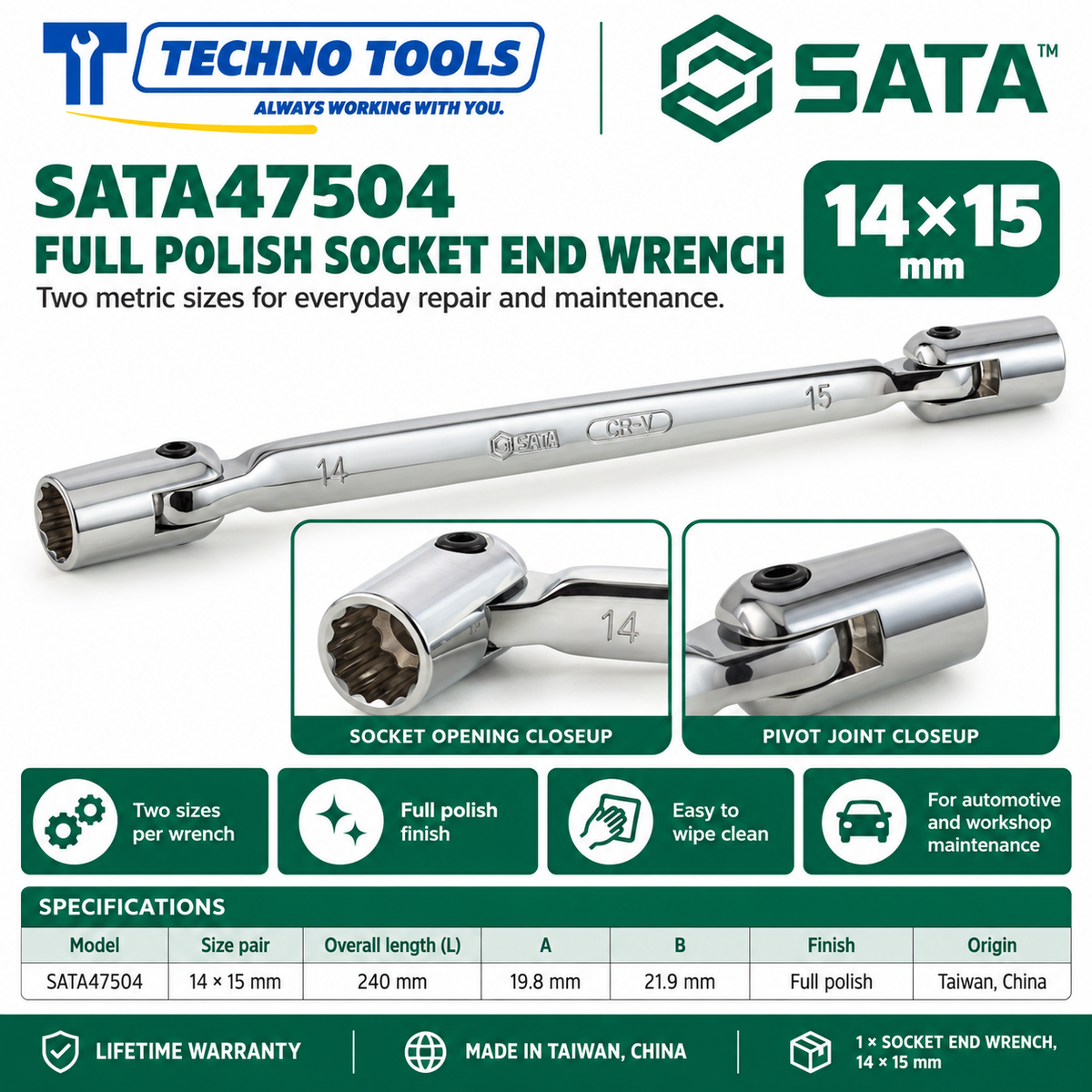 Shop SATA 47501-47506 full polish socket end wrenches, 8x9 to 18x19mm. Double-ended metric sizes with lifetime warranty. Made in Taiwan, China.