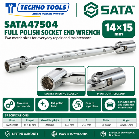Shop SATA 47501-47506 full polish socket end wrenches, 8x9 to 18x19mm. Double-ended metric sizes with lifetime warranty. Made in Taiwan, China.