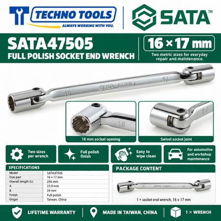 Shop SATA 47501-47506 full polish socket end wrenches, 8x9 to 18x19mm. Double-ended metric sizes with lifetime warranty. Made in Taiwan, China.