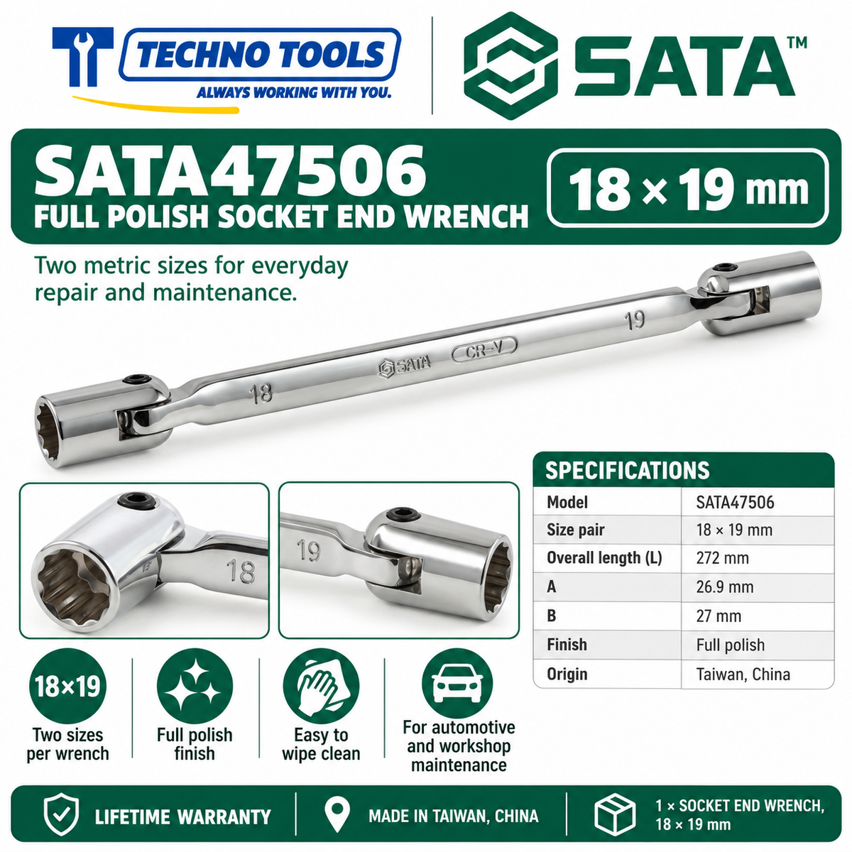 Shop SATA 47501-47506 full polish socket end wrenches, 8x9 to 18x19mm. Double-ended metric sizes with lifetime warranty. Made in Taiwan, China.