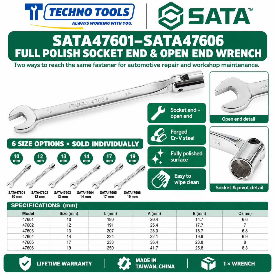 Shop SATA 47601-47606 full polish socket end & open end wrenches, 10 to 19mm. Forged Cr-V steel with lifetime warranty. Made in Taiwan, China.