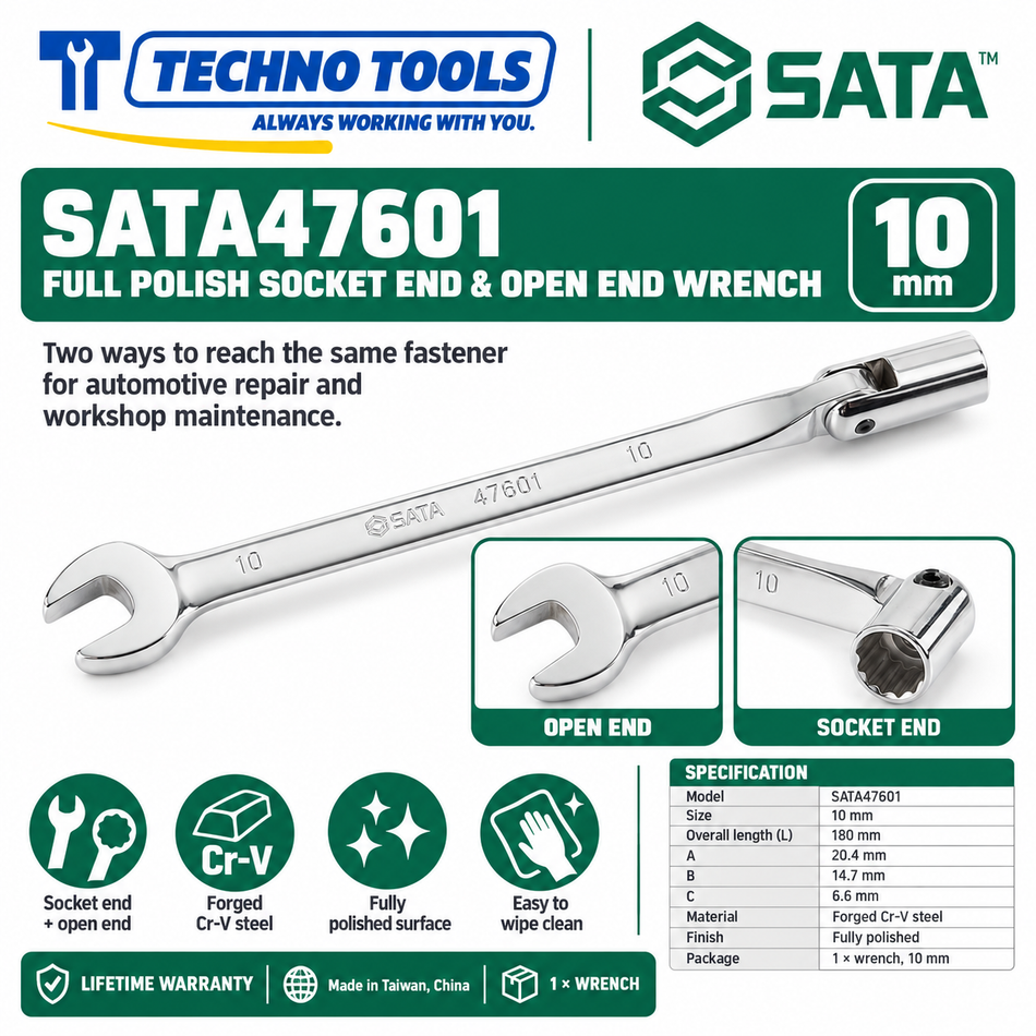 Shop SATA 47601-47606 full polish socket end & open end wrenches, 10 to 19mm. Forged Cr-V steel with lifetime warranty. Made in Taiwan, China.