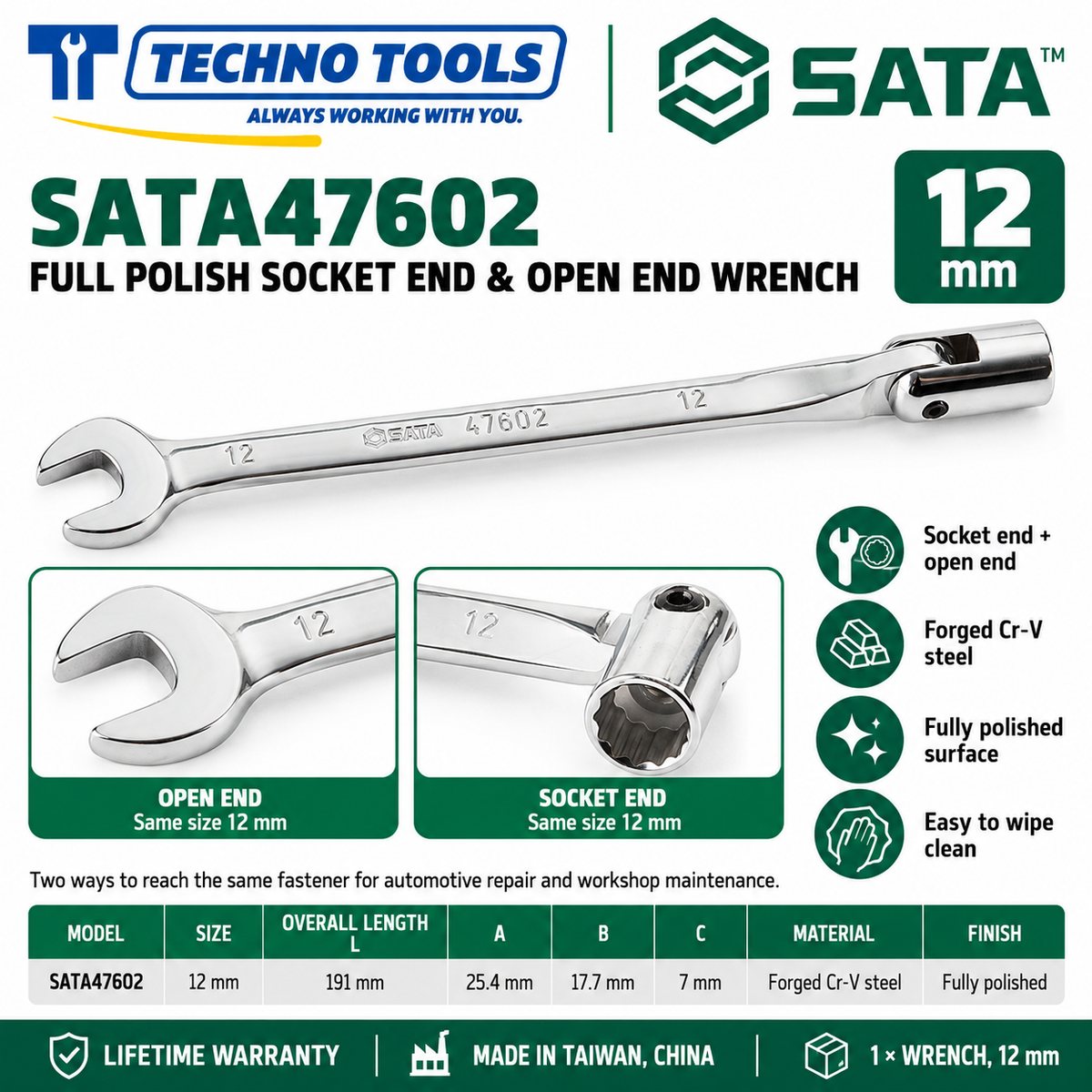 Shop SATA 47601-47606 full polish socket end & open end wrenches, 10 to 19mm. Forged Cr-V steel with lifetime warranty. Made in Taiwan, China.