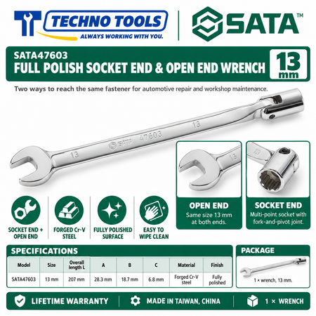 Shop SATA 47601-47606 full polish socket end & open end wrenches, 10 to 19mm. Forged Cr-V steel with lifetime warranty. Made in Taiwan, China.