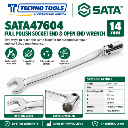 Shop SATA 47601-47606 full polish socket end & open end wrenches, 10 to 19mm. Forged Cr-V steel with lifetime warranty. Made in Taiwan, China.