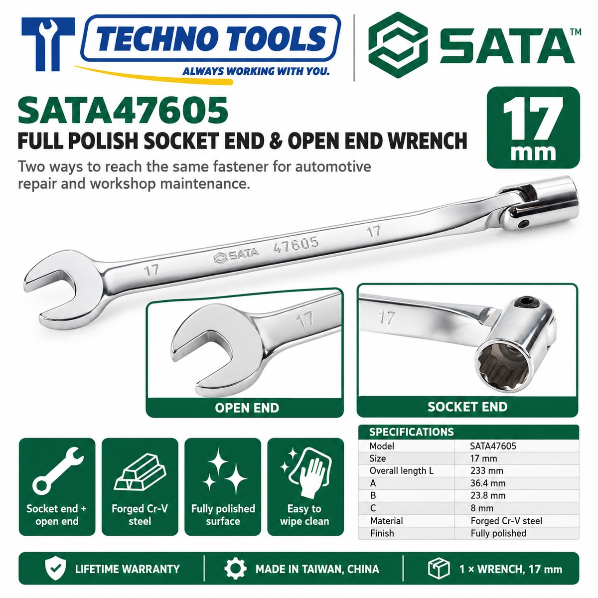 Shop SATA 47601-47606 full polish socket end & open end wrenches, 10 to 19mm. Forged Cr-V steel with lifetime warranty. Made in Taiwan, China.
