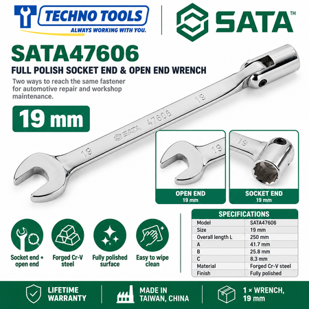 Shop SATA 47601-47606 full polish socket end & open end wrenches, 10 to 19mm. Forged Cr-V steel with lifetime warranty. Made in Taiwan, China.