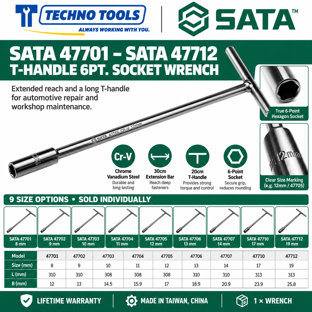 Shop SATA 47701-47712 T-handle 6 point socket wrenches, 8 to 19mm. 30cm extension bar, 20cm handle and Cr-V sockets. Lifetime warranty.