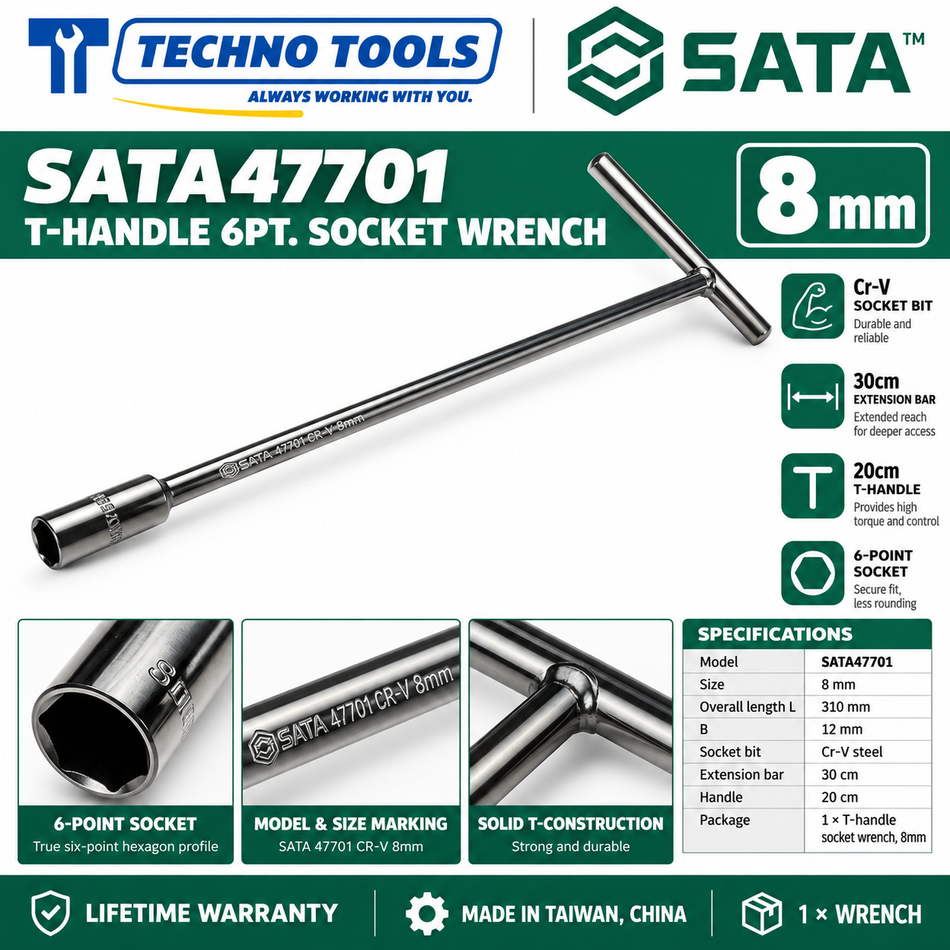 Shop SATA 47701-47712 T-handle 6 point socket wrenches, 8 to 19mm. 30cm extension bar, 20cm handle and Cr-V sockets. Lifetime warranty.
