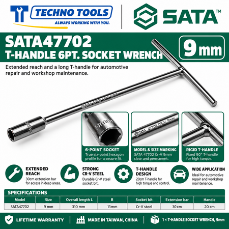 Shop SATA 47701-47712 T-handle 6 point socket wrenches, 8 to 19mm. 30cm extension bar, 20cm handle and Cr-V sockets. Lifetime warranty.