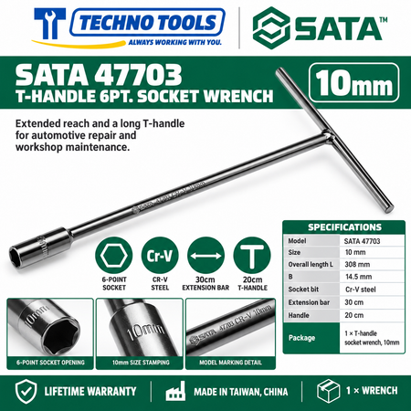Shop SATA 47701-47712 T-handle 6 point socket wrenches, 8 to 19mm. 30cm extension bar, 20cm handle and Cr-V sockets. Lifetime warranty.