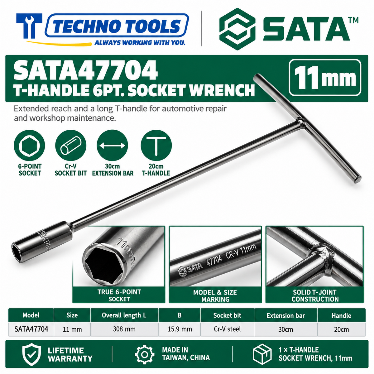 Shop SATA 47701-47712 T-handle 6 point socket wrenches, 8 to 19mm. 30cm extension bar, 20cm handle and Cr-V sockets. Lifetime warranty.