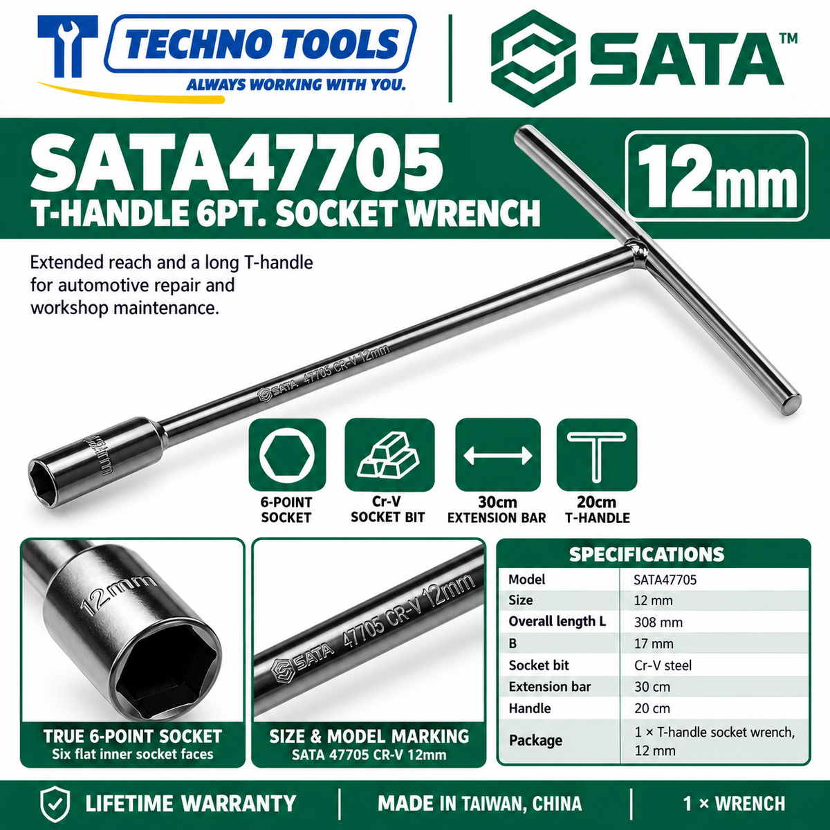 Shop SATA 47701-47712 T-handle 6 point socket wrenches, 8 to 19mm. 30cm extension bar, 20cm handle and Cr-V sockets. Lifetime warranty.