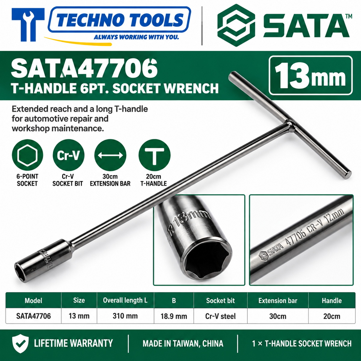 Shop SATA 47701-47712 T-handle 6 point socket wrenches, 8 to 19mm. 30cm extension bar, 20cm handle and Cr-V sockets. Lifetime warranty.