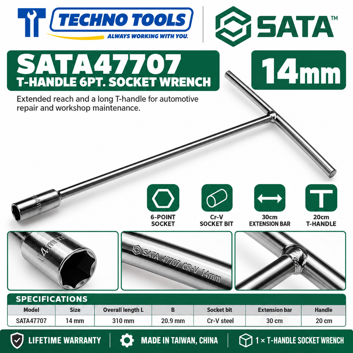 Shop SATA 47701-47712 T-handle 6 point socket wrenches, 8 to 19mm. 30cm extension bar, 20cm handle and Cr-V sockets. Lifetime warranty.